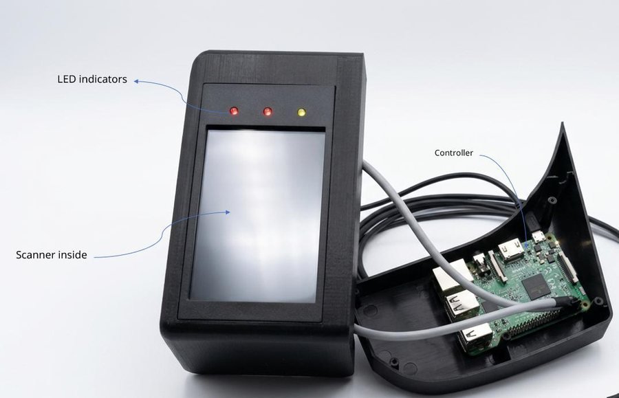Inside the unit — scanner, controller and LED indicators packaged behind one face.