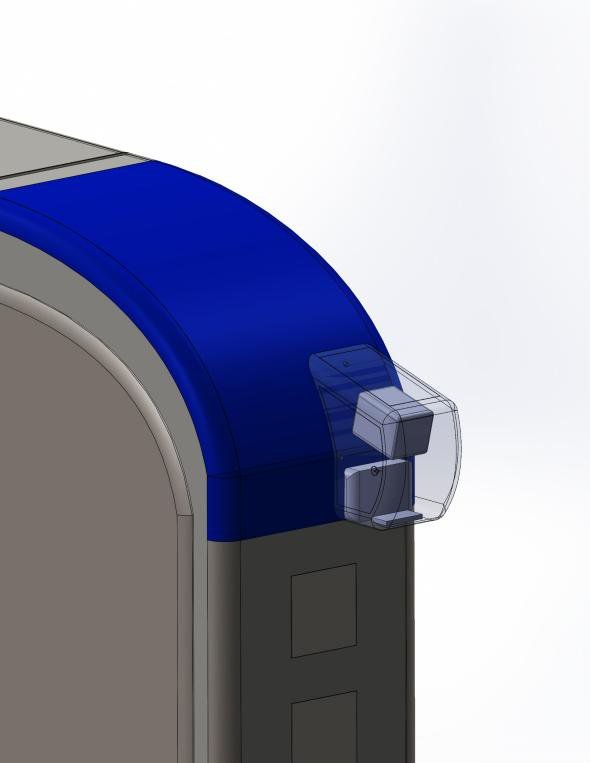 Corner detail where the reader meets the gate shell.