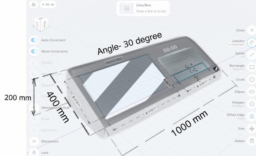 General arrangement: 1000 mm wide, 400 mm deep, 200 mm high, screen at 30 degrees.