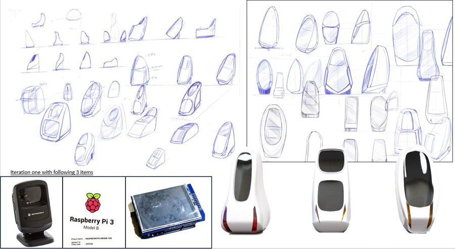 First iteration — scanner and controller housing explored against three shortlisted components.