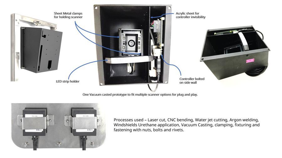 One vacuum-cast prototype built to fit multiple scanner options for plug and play — sheet metal clamps, LED strip holder, acrylic sheet for controller invisibility.