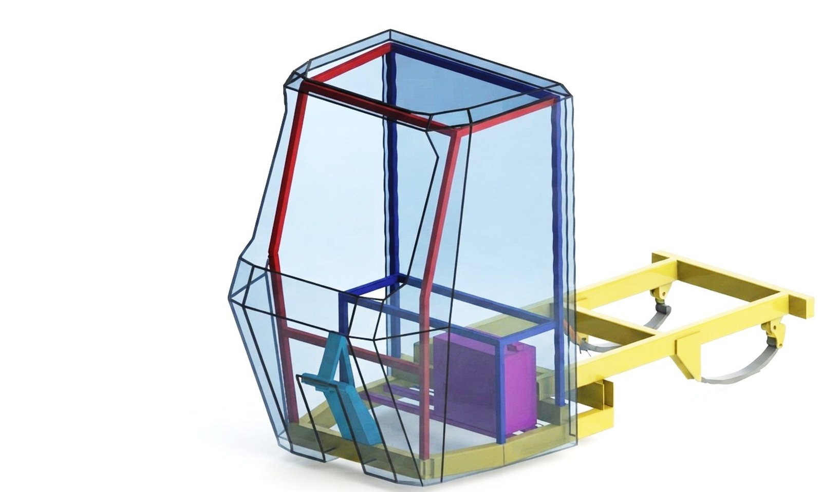 CAD model of the cab structure — folded sheet-metal panels outlined in colour