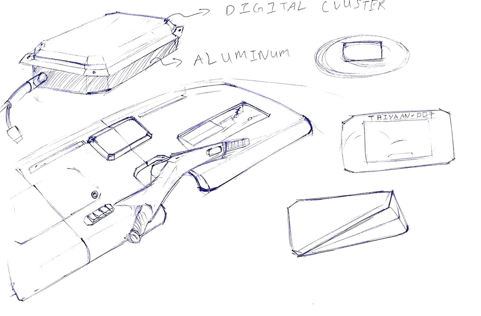 Pen sketches of the dashboard and speedometer housing