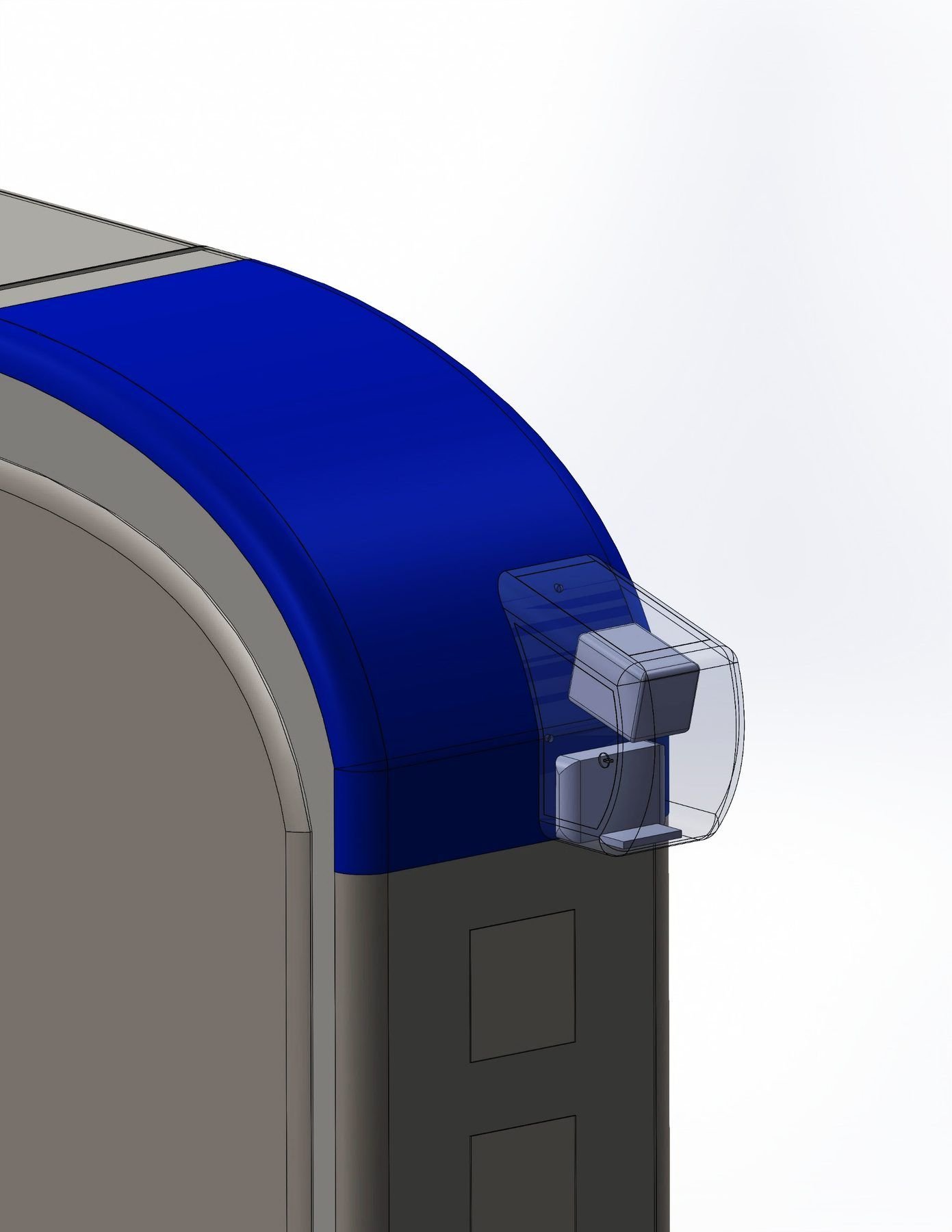 CAD of the blue scanner housing sitting over the curved gate edge