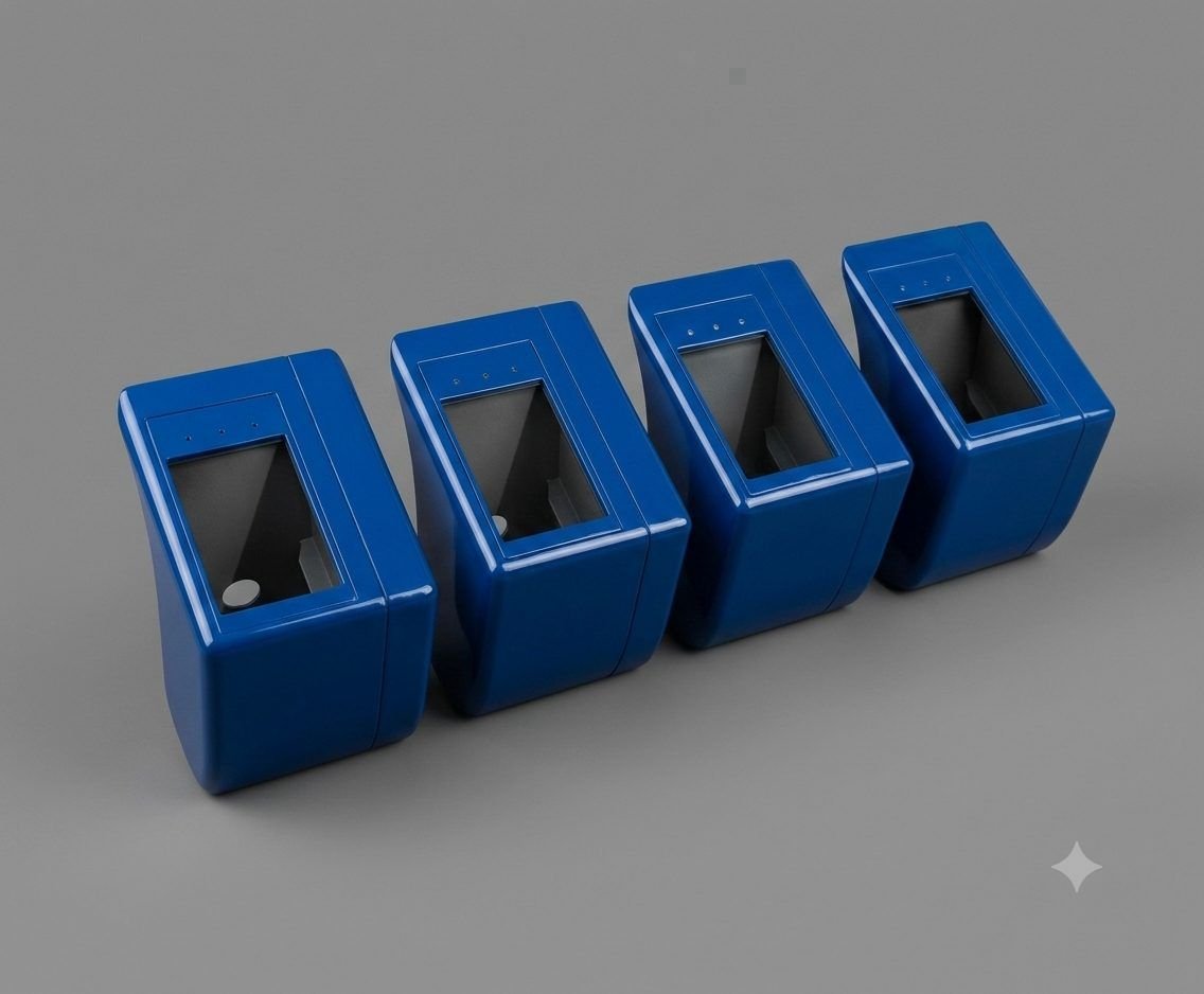 Four blue vacuum-cast scanner housings lined up