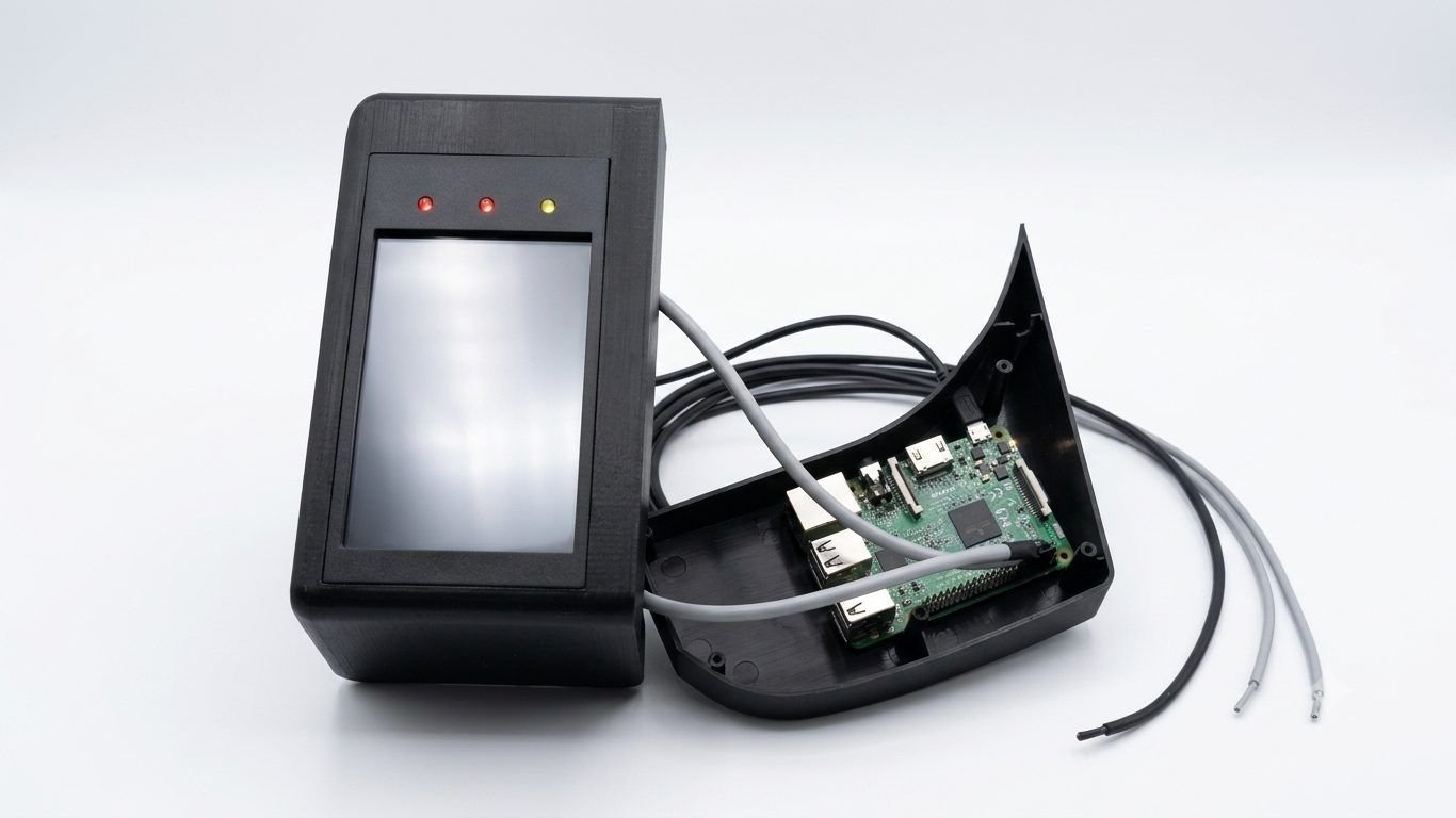Open housing with the scanner, LED indicators and Raspberry Pi controller wired inside