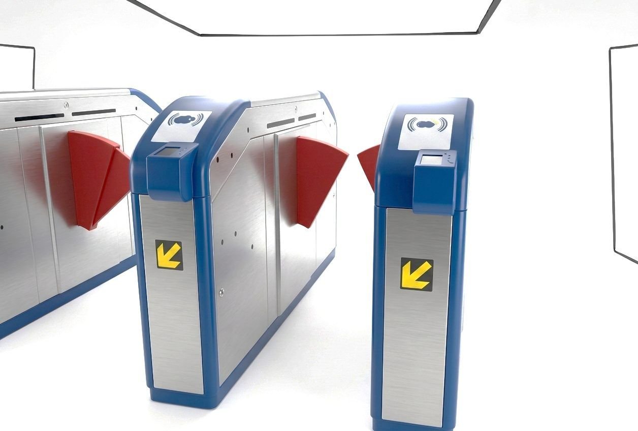 Render of a pair of Delhi Metro gates with red flaps and blue scanner housings