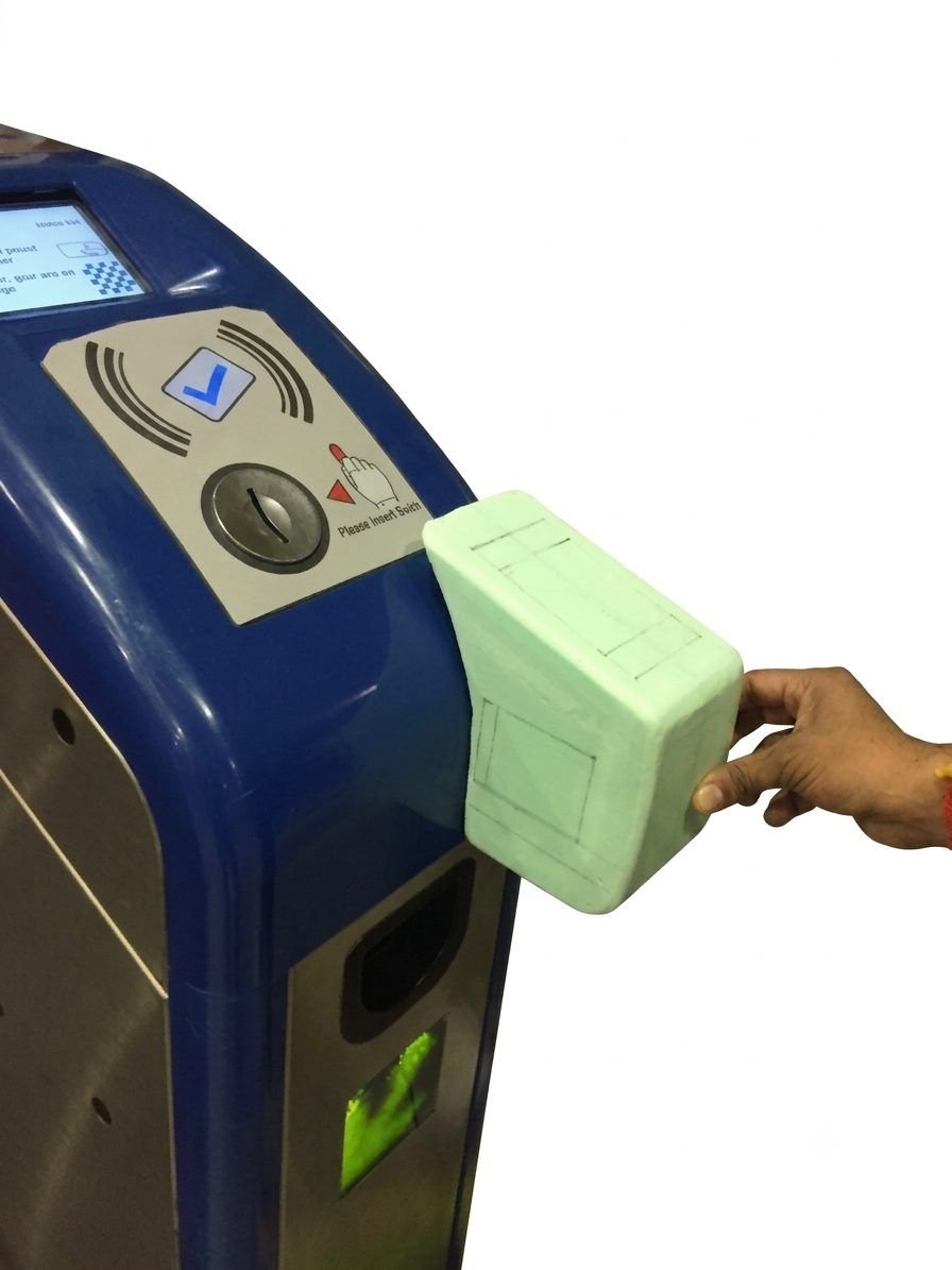 Render of a hand presenting a paper QR ticket to the gate-mounted scanner