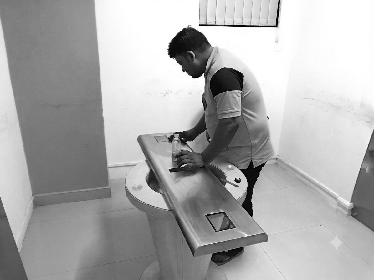 Black and white photo of a technician working on a gate panel on a bench