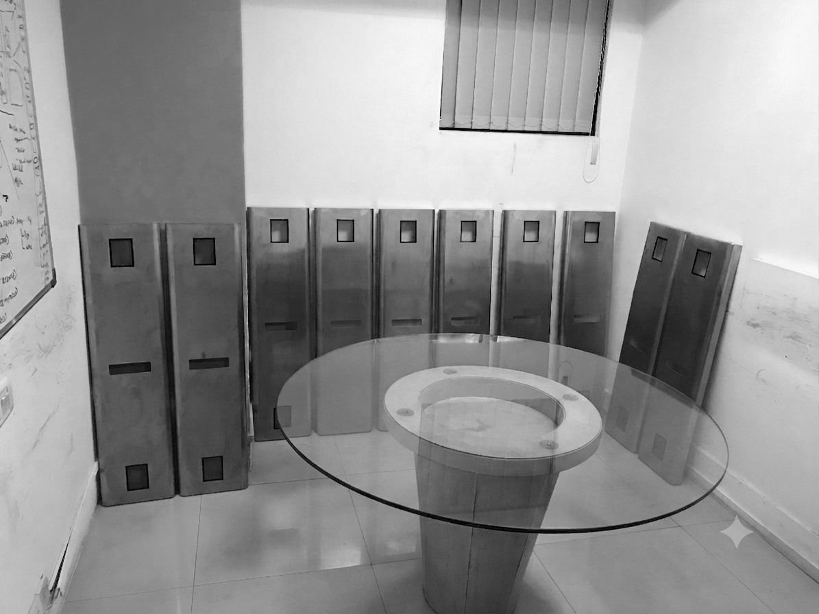 Black and white photo of gate columns lined up in the workshop