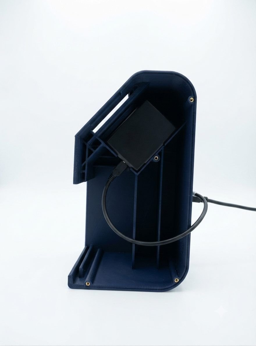 Black card-reader and QR device seen from below