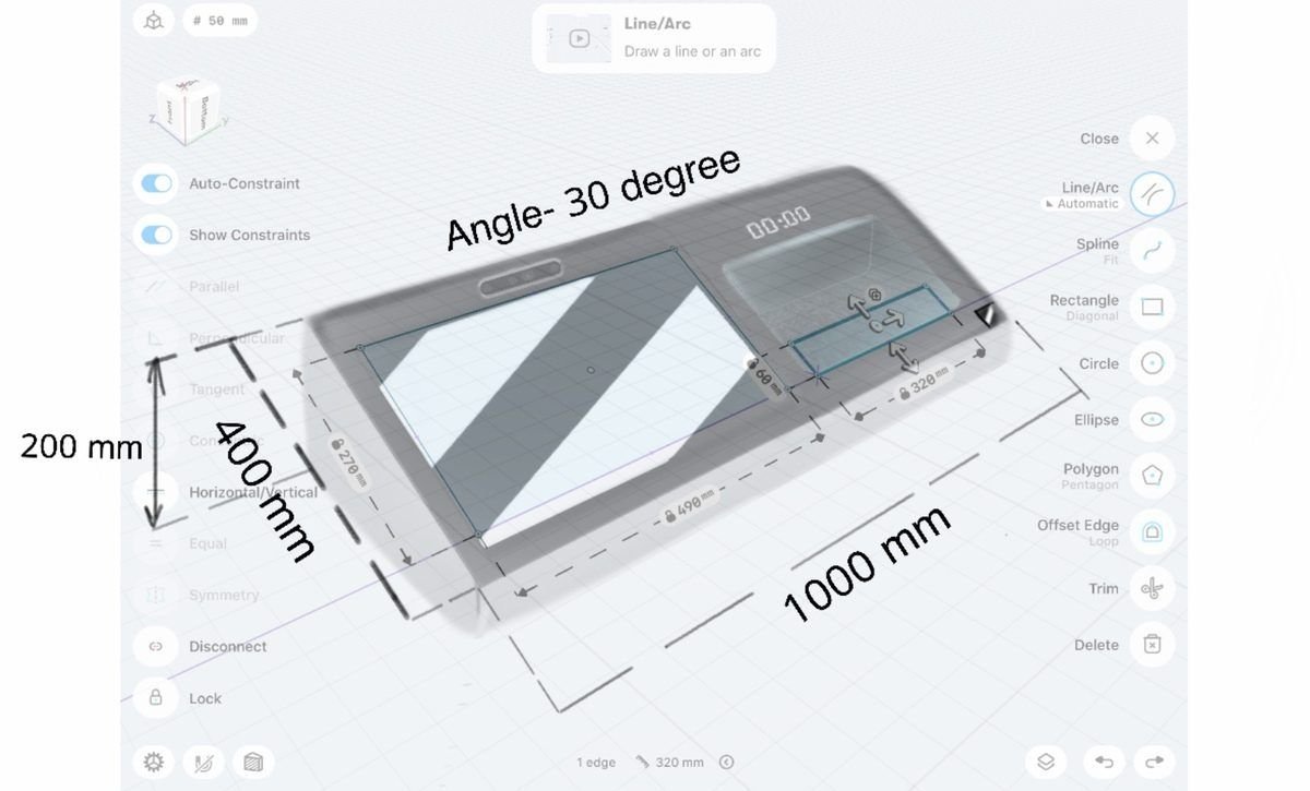 CAD drawing of the kiosk top at a 30-degree angle, 400 by 1000 millimetres, with a 200 millimetre tray