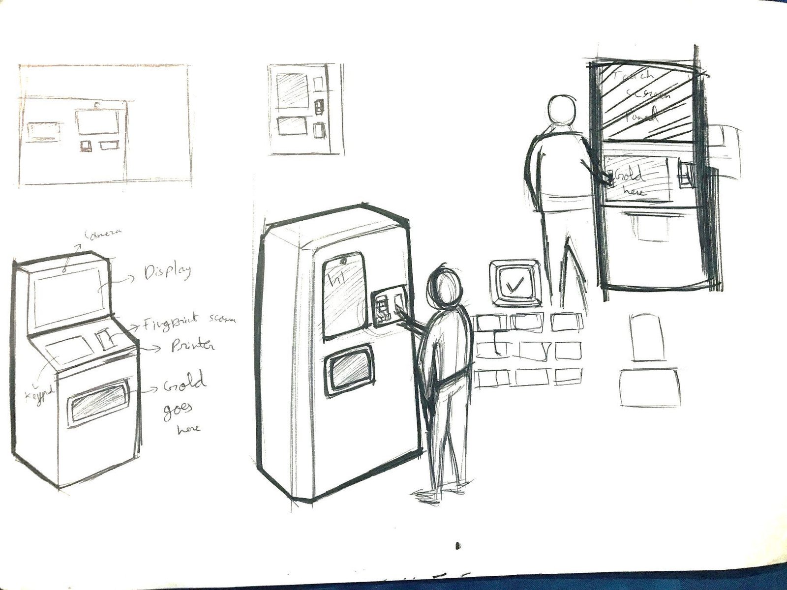 Early sketches of a standing kiosk with a person interacting, and a wall-mounted variant