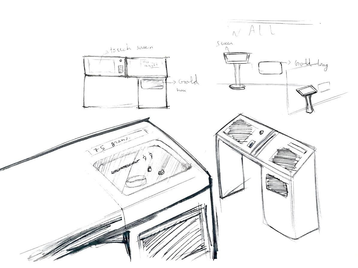 Sketch of a standing counter-height kiosk with a screen and gold tray