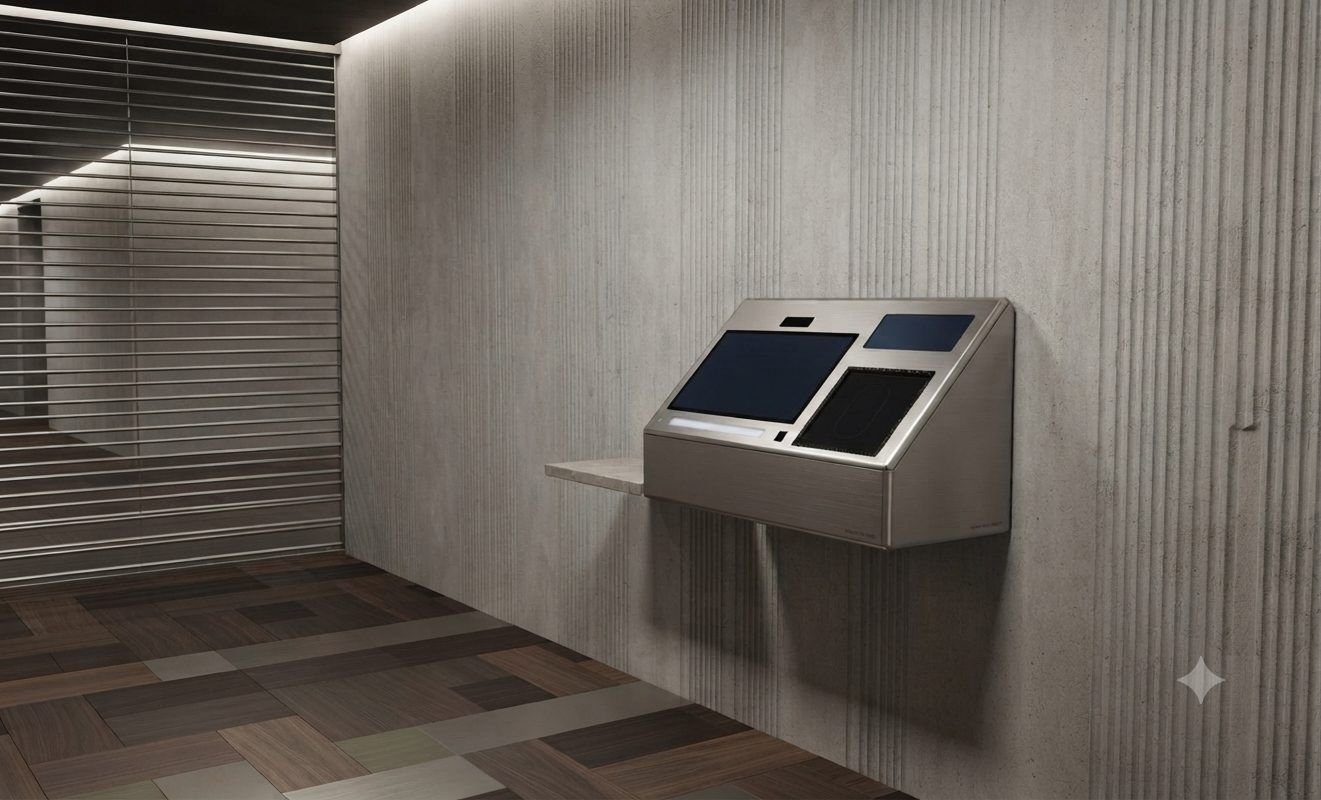 Steel prototype of the Gold Teller Machine mounted on a slatted wooden wall